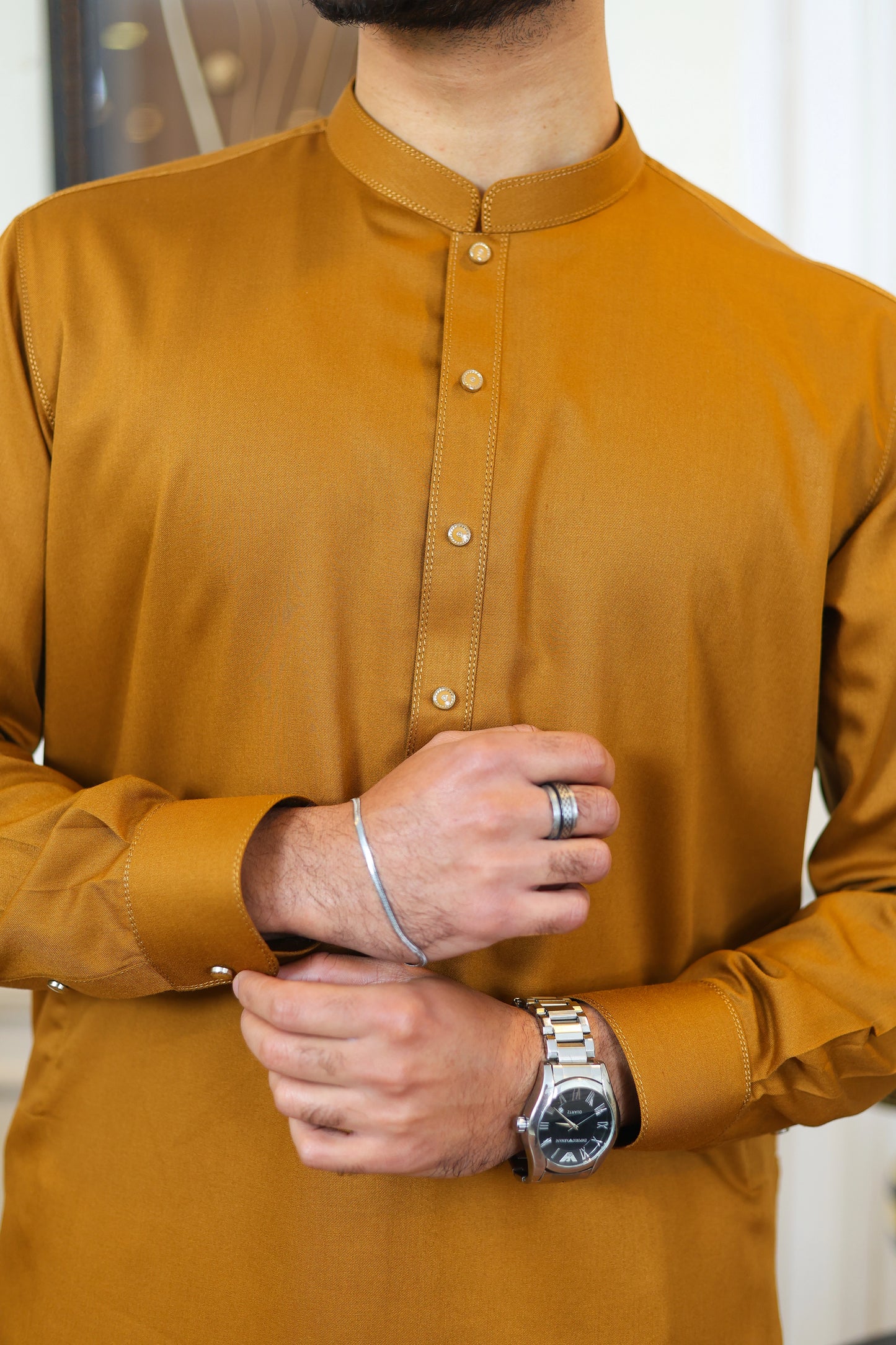 Executive Wash and Wear Kameez Shalwar - Shining Gold