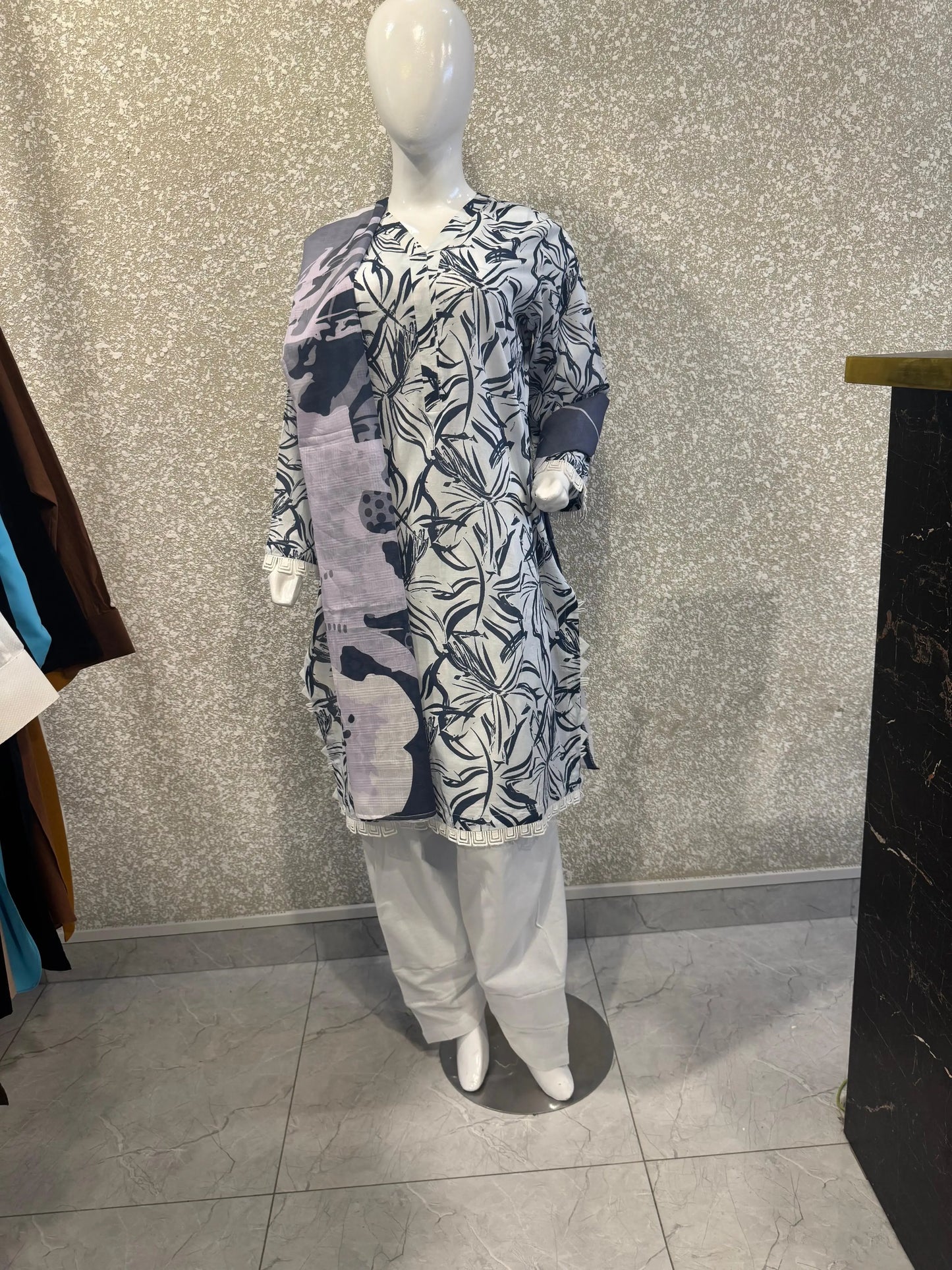 Premium Ladies Lawn Stitched - Gray & Navy