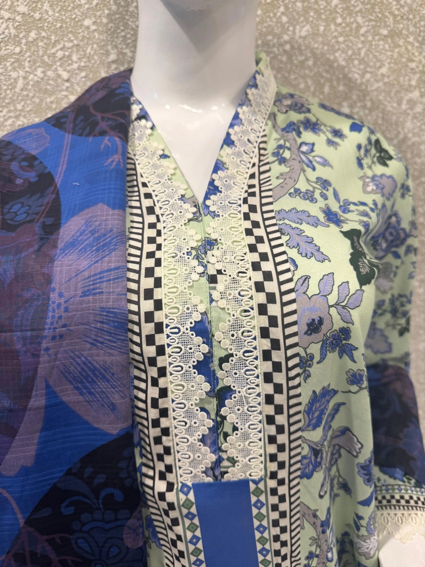 Premium Ladies Lawn Stitched - Pastel Mint & Blue Print