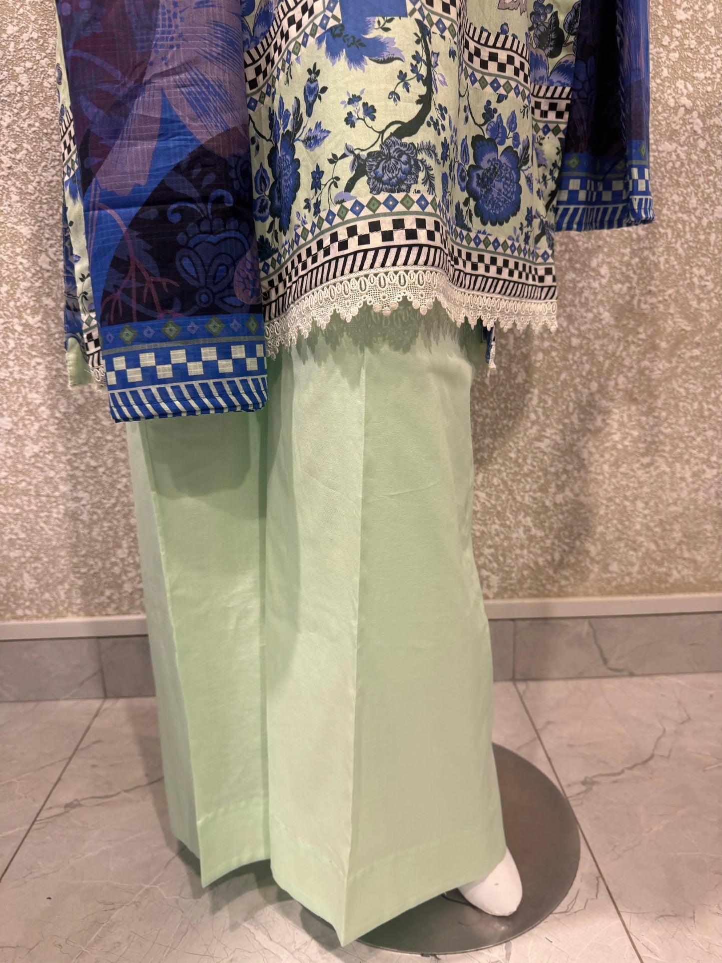 Premium Ladies Lawn Stitched - Pastel Mint & Blue Print