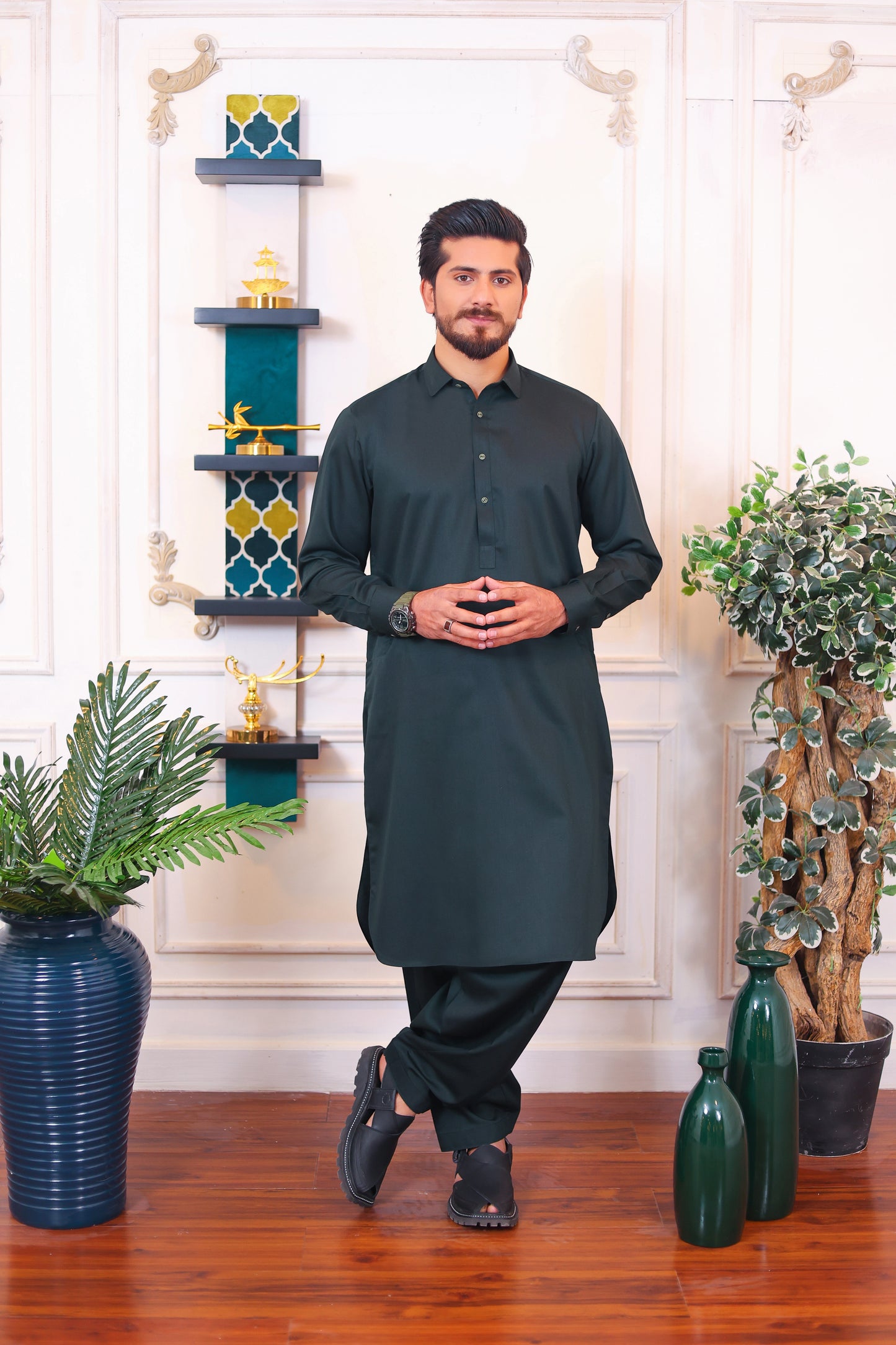 Premium English Suiting Wash and Wear Kameez Shalwar – Dark Green