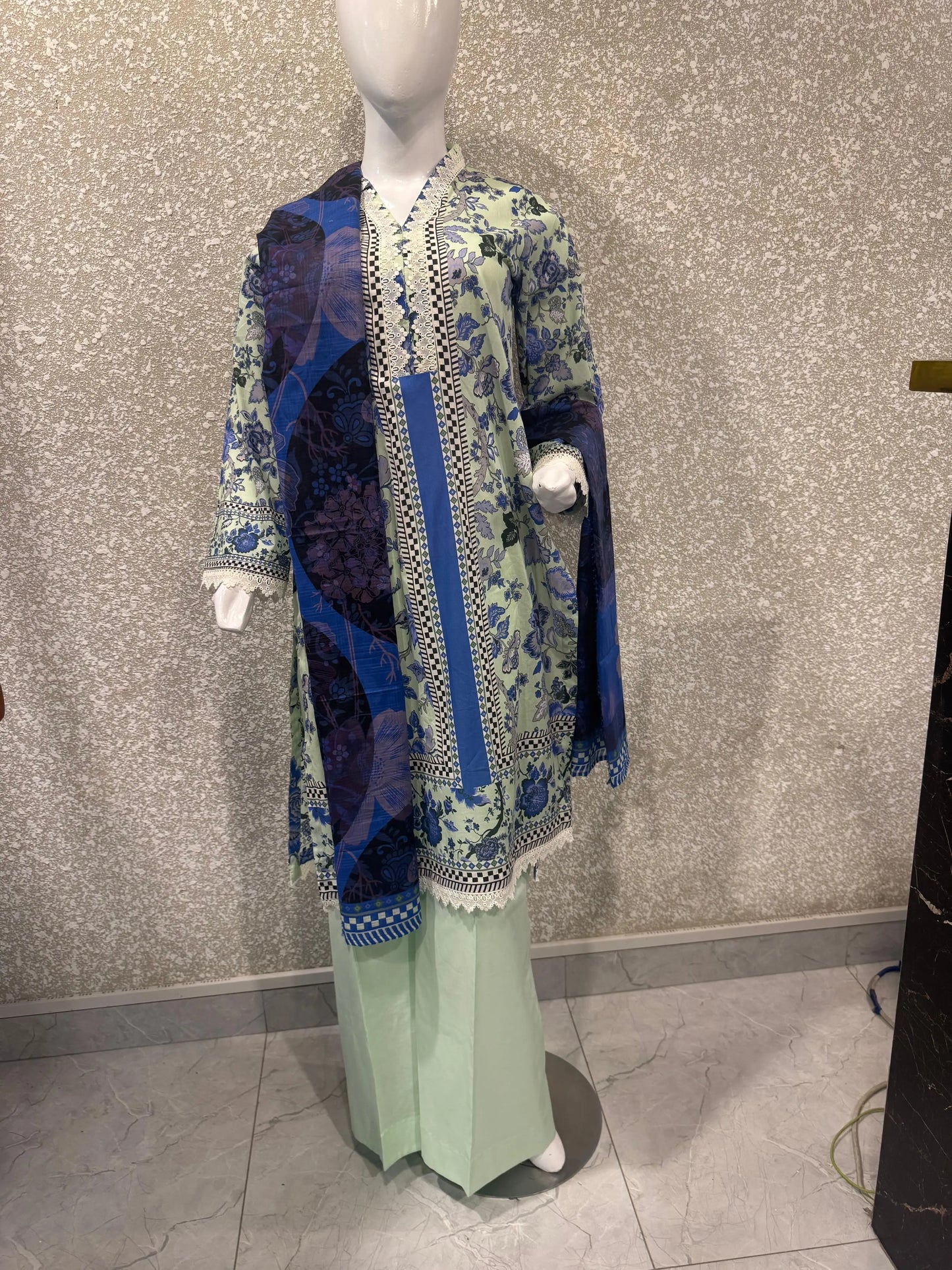 Premium Ladies Lawn Stitched - Pastel Mint & Blue Print
