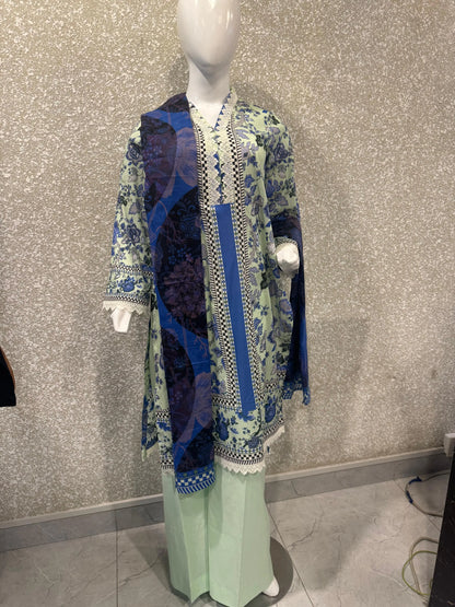 Premium Ladies Lawn Stitched - Pastel Mint & Blue Print