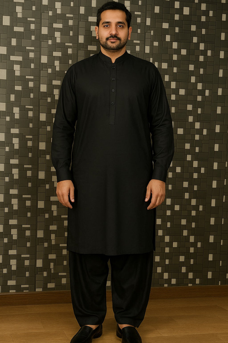 Crest Premium Wash and Wear Kameez Shalwar Black With Ban