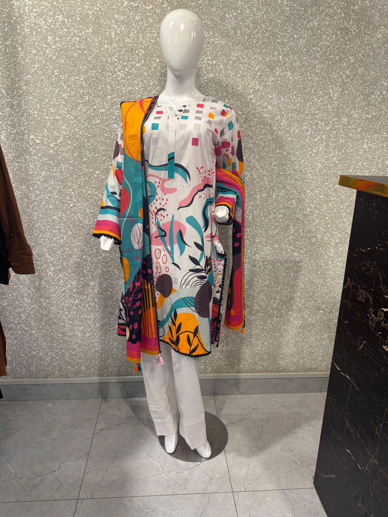 Premium Ladies Lawn Stitched - White Multicolor