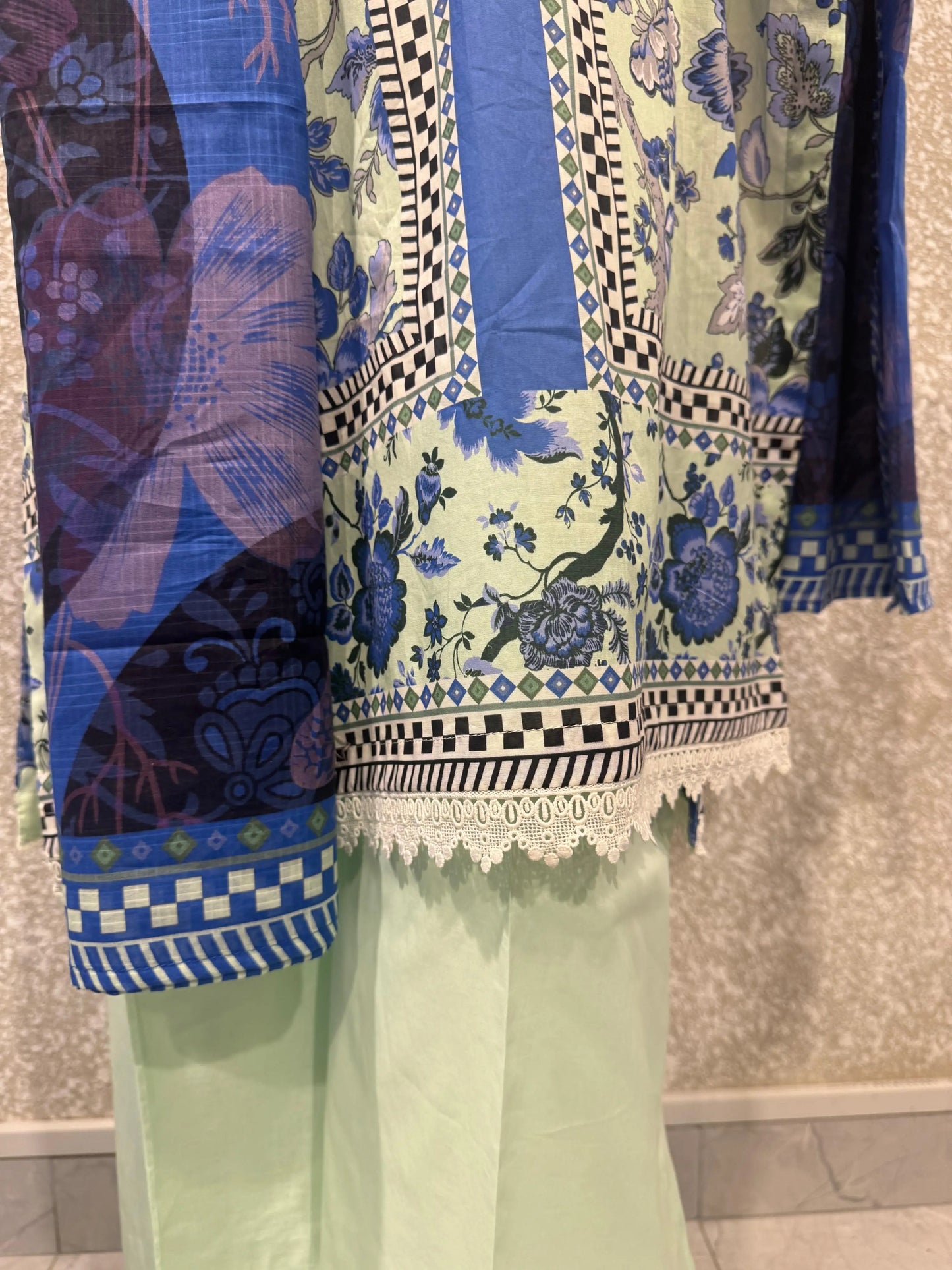 Premium Ladies Lawn Stitched - Pastel Mint & Blue Print