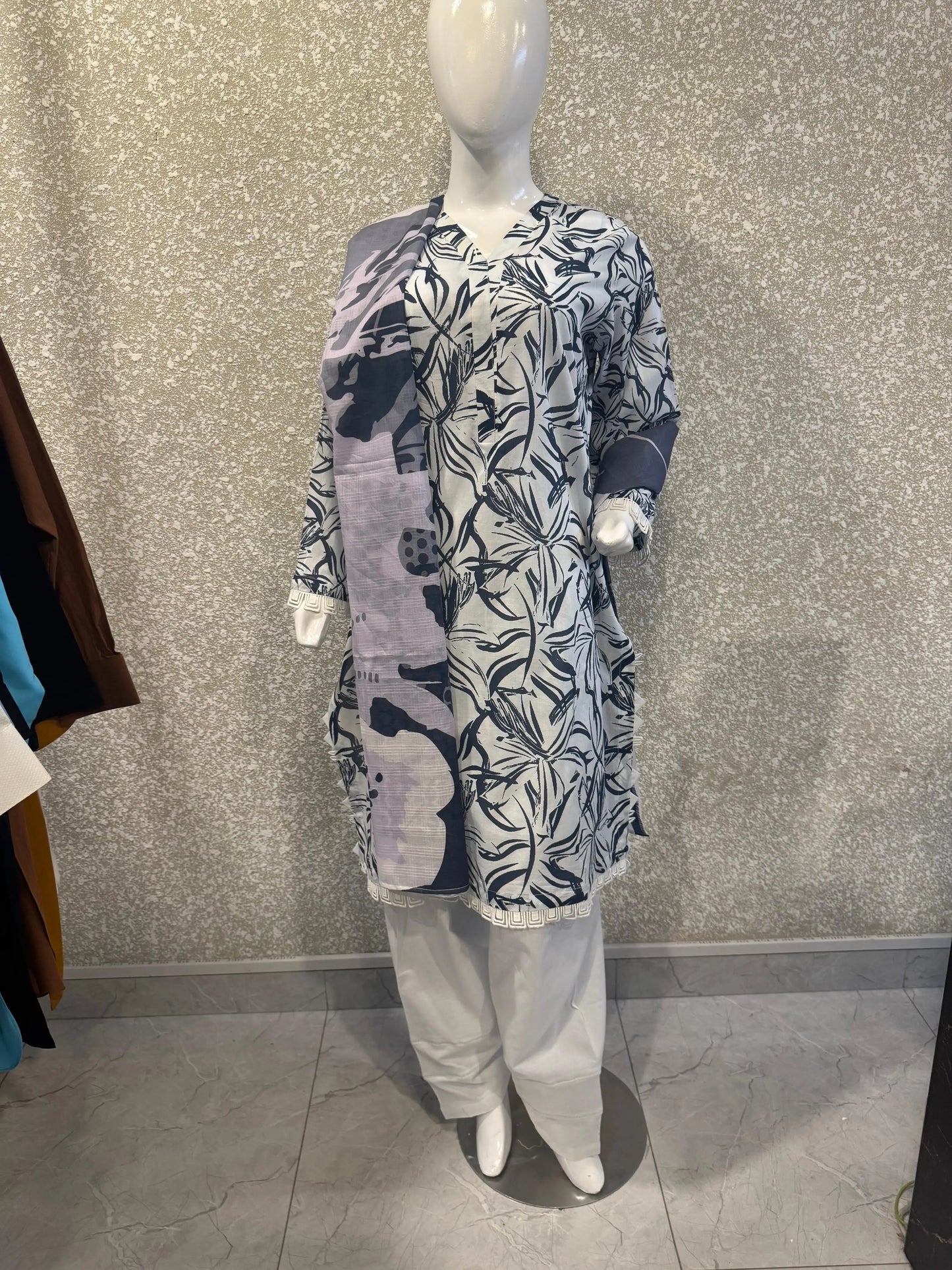 Premium Ladies Lawn Stitched - Gray & Navy
