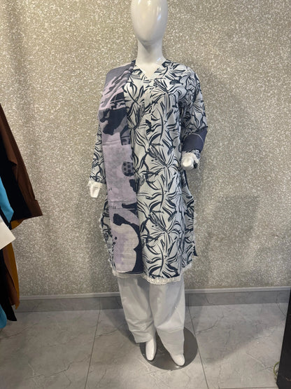 Premium Ladies Lawn Stitched - Gray & Navy