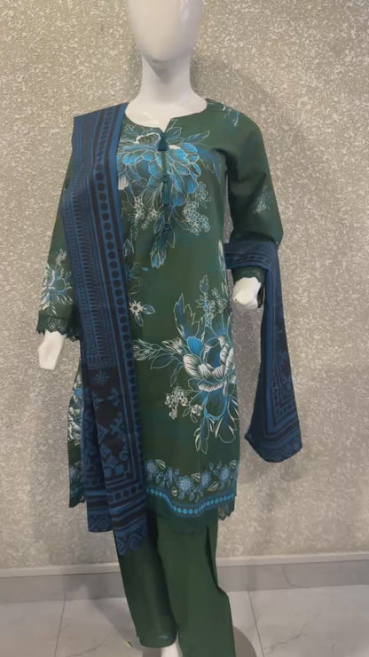 Premium Ladies Lawn Stitched - Emerald green