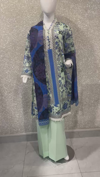 Premium Ladies Lawn Stitched - Pastel Mint & Blue Print